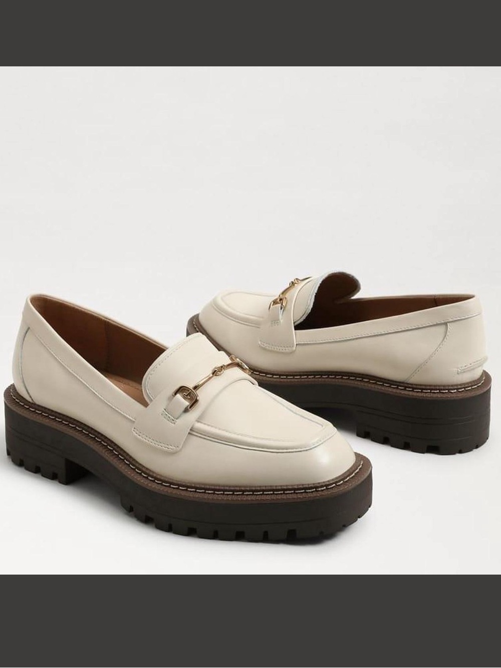 Cream Leather Slip-On Loafers with Gold Bit Detail